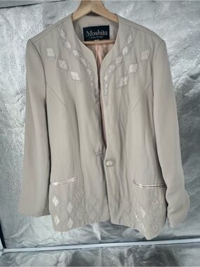 Moshita Couture Beige Beaded Evening Blazer Jacket Office Elegant size 18